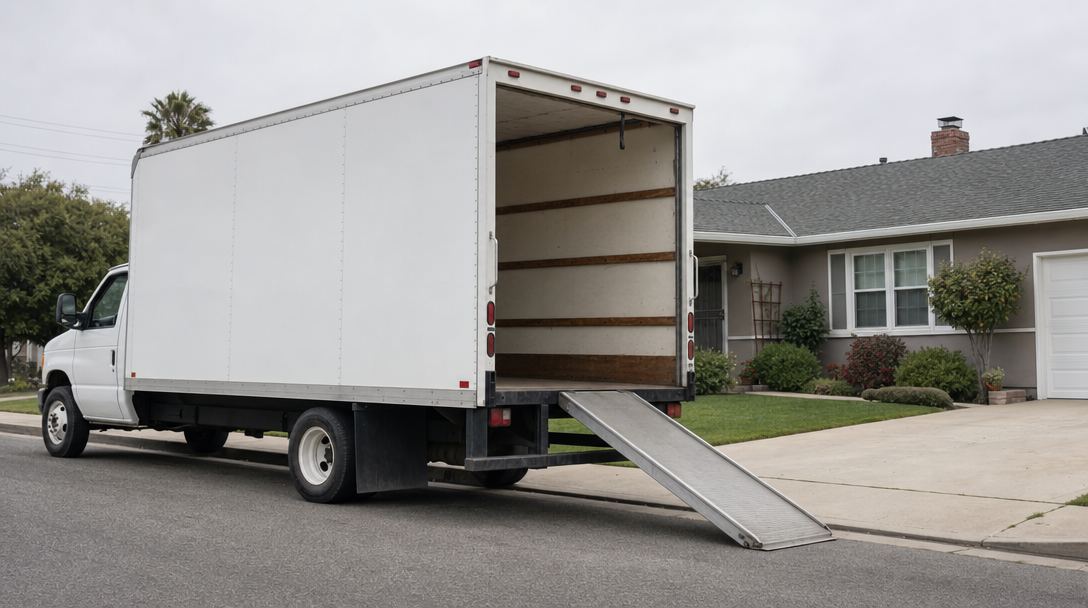 Box truck parked at a house with the loading ramp down