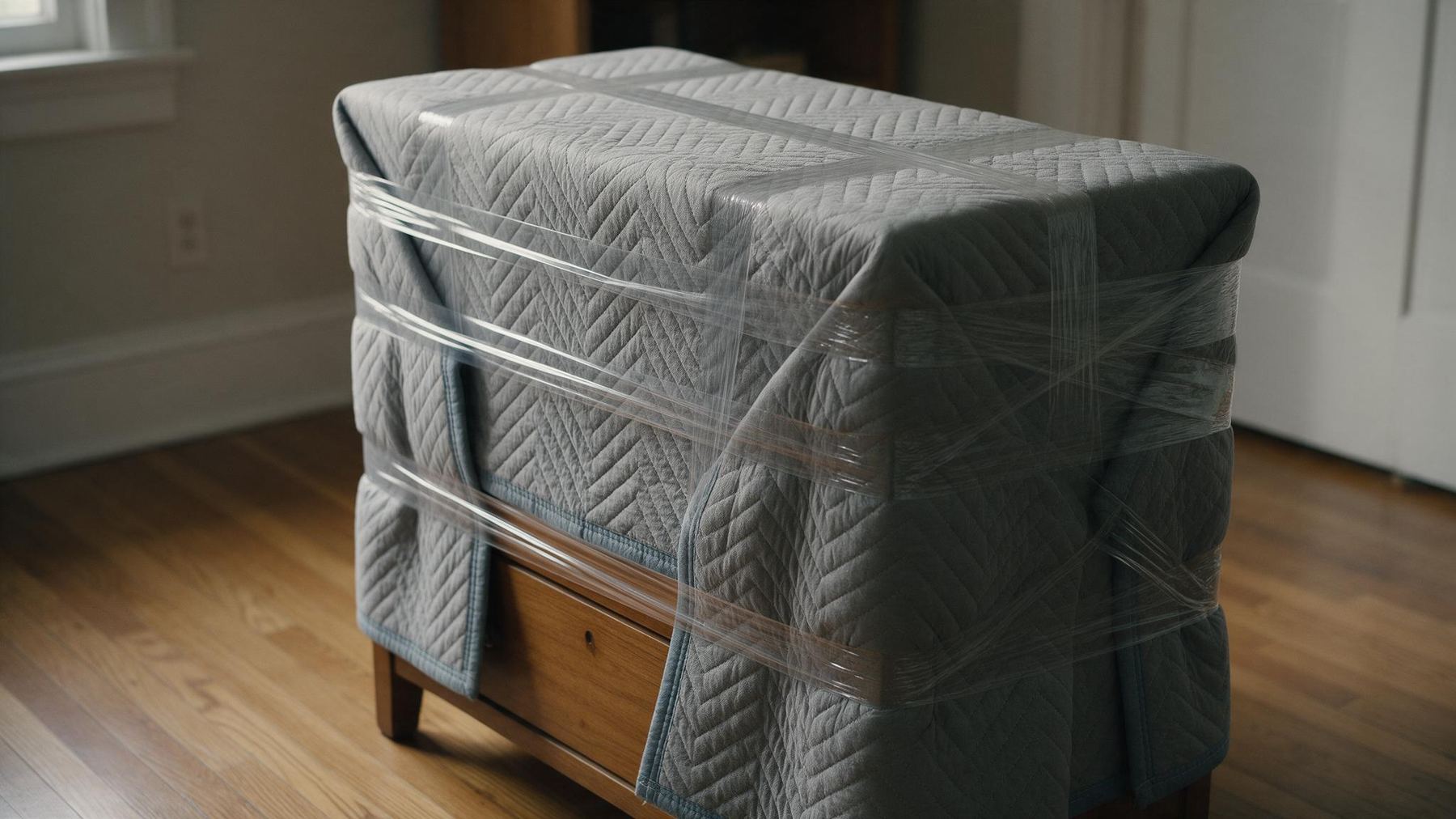 Dresser wrapped in moving blankets and shrink wrap